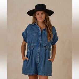 rylee + cru denim blue utility romper shorts heart detail western size XS cotton